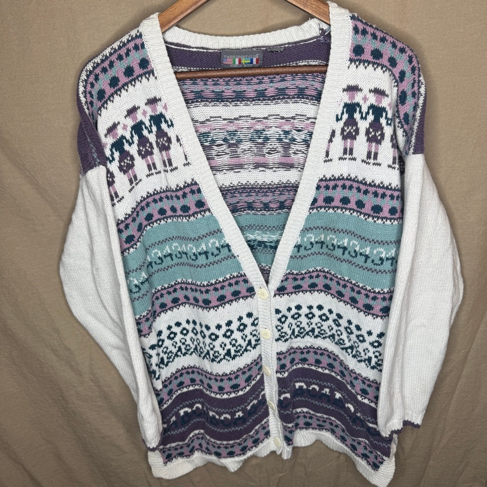 Paris Sport Club Vintage Fair Isle Teacher Button Up Cardigan Multi-Color Retro